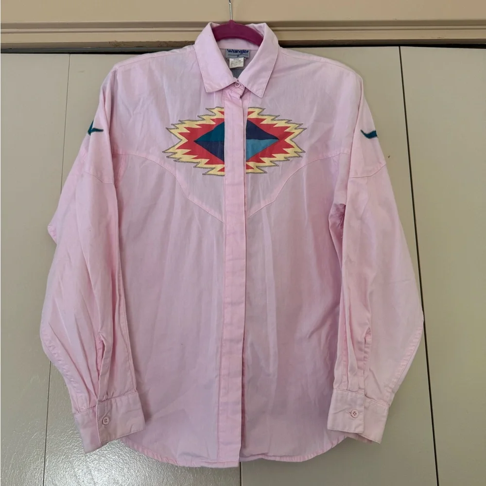 Rare Vintage Wranglers Women’s Southwest Aztec Shirt Pink Bull Design Size Med - Picture 5 of 13